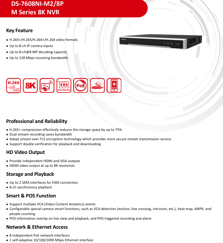Hikvision DS-7608NI-M2/8P 8-Channel PoE NVR with AcuSense, 2 Hdd slots, No HDD