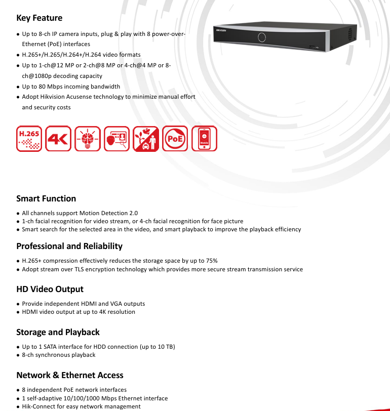 HIKVISION DS-7608NXI-K1/8P HIKVISION 8CH ACUSENSE 4K NVR, 8 POE, NO HDD (1 Hdd slot)