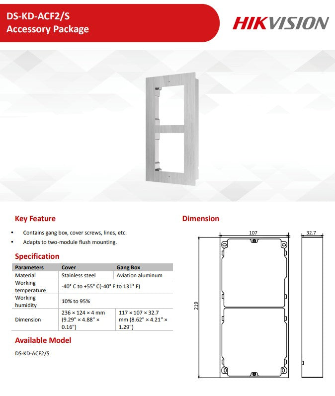 Hikvision DS-KD-ACF2/S 2 way flush mounting bracket for modular door station Stainless Steel