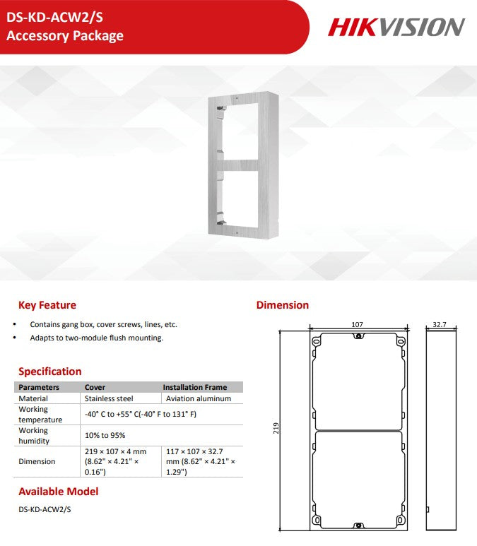 Hikvision DS-KD-ACW2/S double wall mounting bracket for modular door station (Stainless Steel)