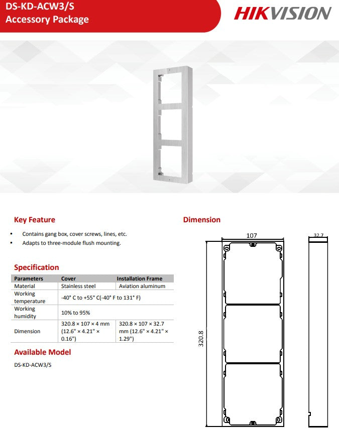 Hikvision DS-KD-ACW3/S 3-WAY wall mounting bracket for modular door station (Stainless Steel)