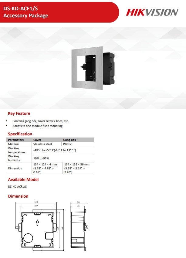 Hikvision DS-KD-ACF1/S stainless steel flush mount bracket for modular door station (Single)