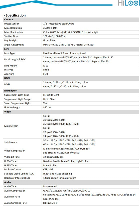 Hikvision HiLook IPC-T249HA-LU 4MP Smart Hybrid ColorVu Fixed Turret Network Camera, 2.8mm with Mic