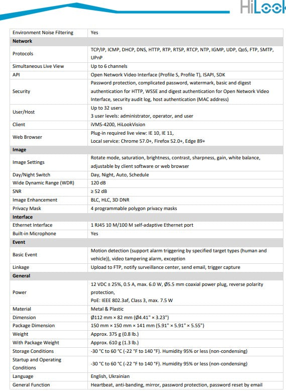 Hikvision HiLook IPC-T249HA-LU 4MP Smart Hybrid ColorVu Fixed Turret Network Camera, 2.8mm with Mic