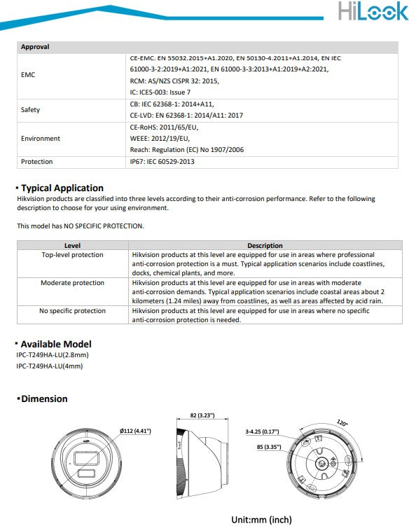 Hikvision HiLook IPC-T249HA-LU 4MP Smart Hybrid ColorVu Fixed Turret Network Camera, 2.8mm with Mic