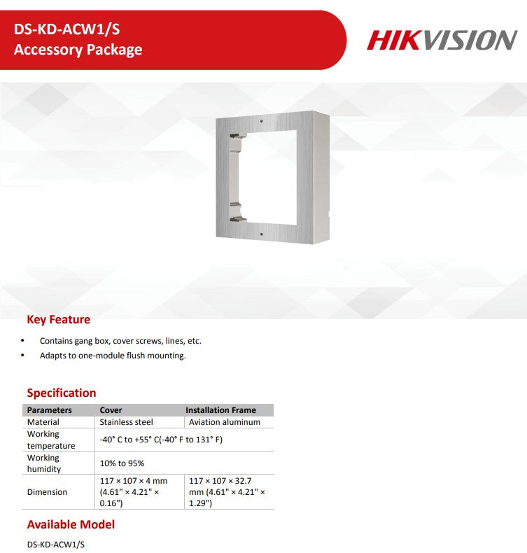 Hikvision DS-KD-ACW1/S Stainless Steel Wall Mount Bracket 1 Module