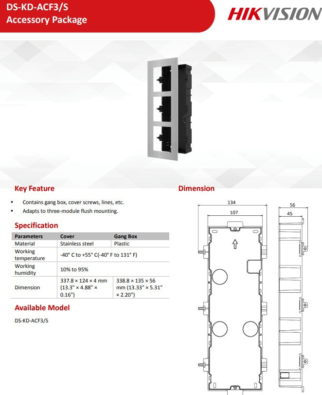 Hikvision DS-KD-ACF3/S 3way flush mounting bracket for modular door station Stainless Steel