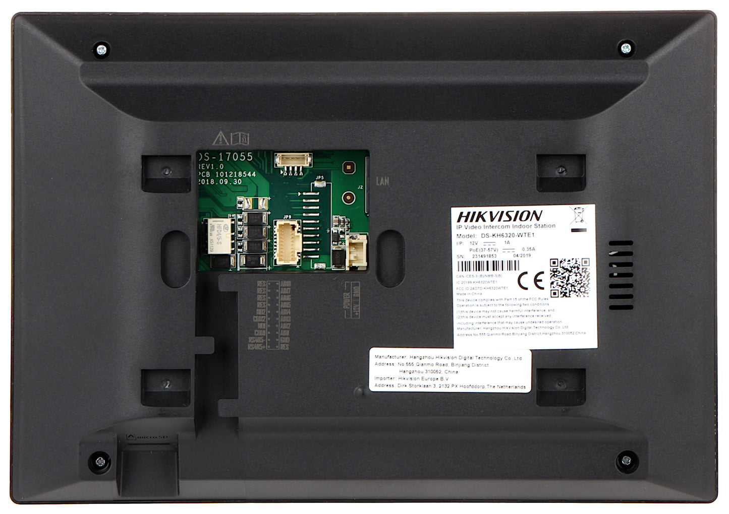 Hikvision DS-KH6320-WTE1 Indoor Video Intercom Station (Black), POE
