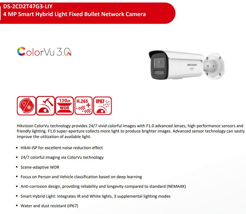 DS-2CD2T47G3-LIY, 2.8mm, White/Black, 4MP, Built-in Mic, Bullet cam