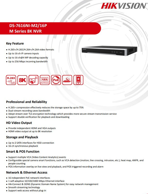 Hikvision DS-7616NI-M2/16P M-series 16CH 4K NVR 16 POE, 2 Hdd Slots, Acusense, No HDD.