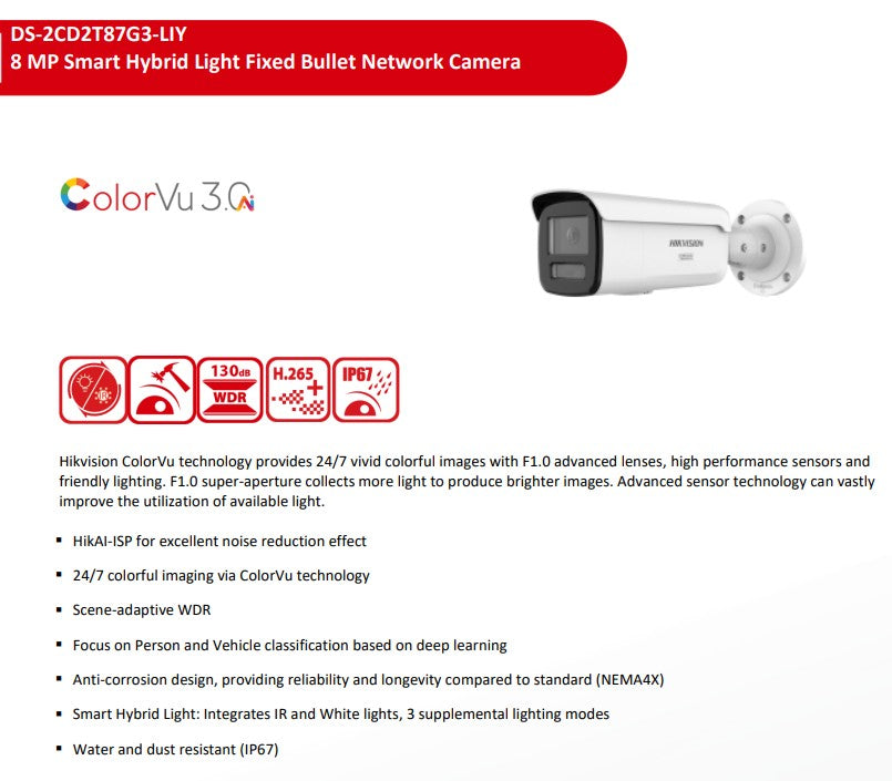 DS-2CD2T87G3-LIY, 2.8mm, White/Black, 8MP, Built-in Mic, Bullet cam