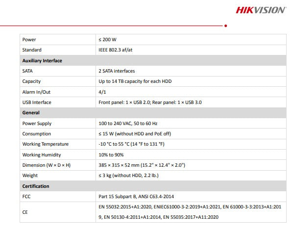 Hikvision DS-7616NI-M2/16P M-series 16CH 4K NVR 16 POE, 2 Hdd Slots, Acusense, No HDD.