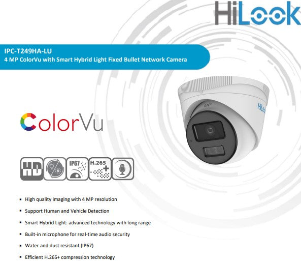 Hikvision HiLook IPC-T249HA-LU 4MP Smart Hybrid ColorVu Fixed Turret Network Camera, 2.8mm with Mic