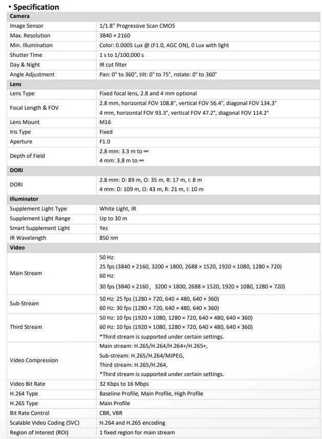 DS-2CD2387G3-LI2UY, 2.8mm, White/Black, 8MP, Built-in Mic