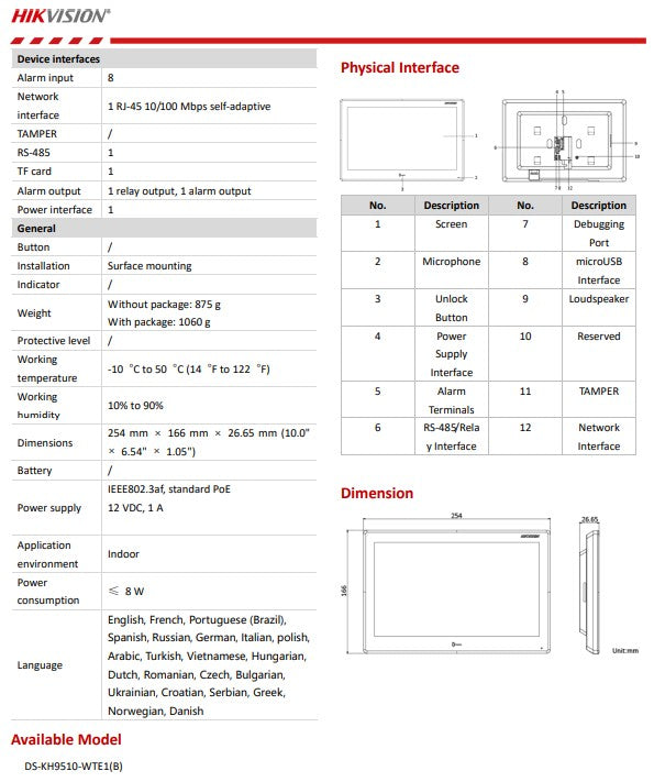 HIKVISION DS-KH9510-WTE1(B) 10“ Touch-Screen Indoor Station (Android)
